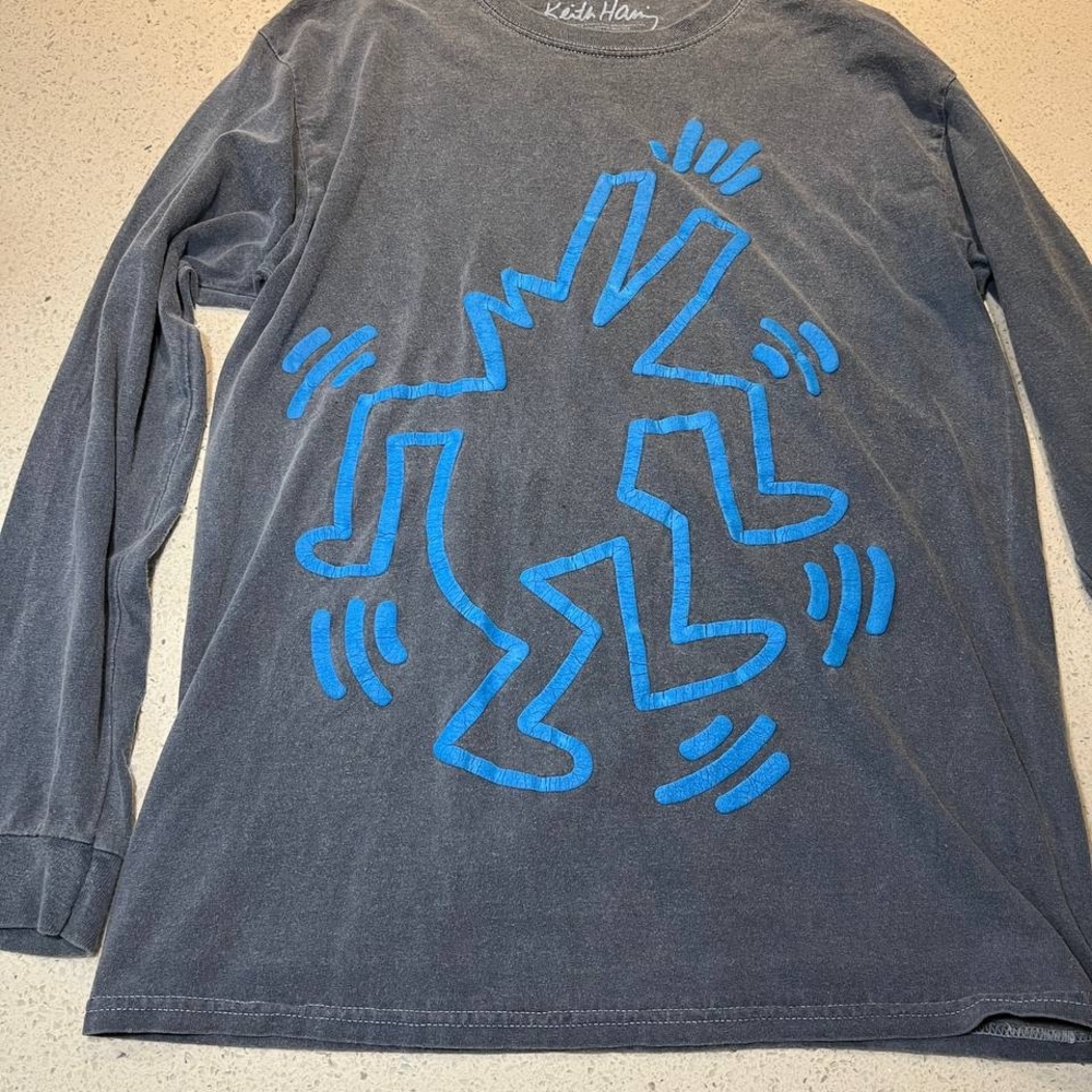Gray Long Sleeve Shirt with Keith Haring Blue Figure Design